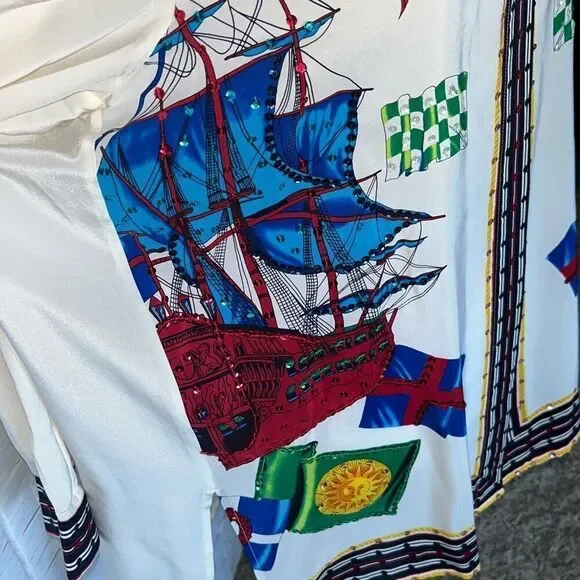 Amazing Diane Gilman Vintage 100% Silk Mermaid Nautical Sun Sequins Buttoned Blo - Picture 3 of 16